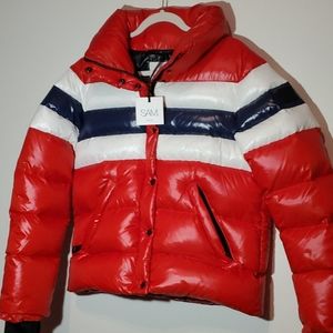 SAM. Cherry Red Down Puffer Jacket w/ Stripes